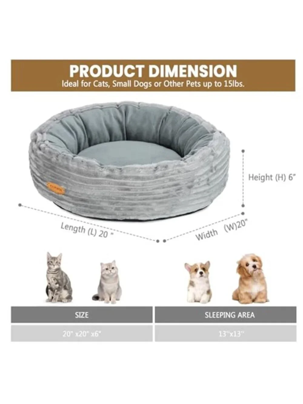 Donut Cat Bed Fluffy Round Pet Bed Small Dog Calming Plush Washable Gray 20in